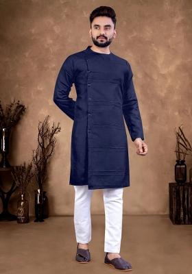 Navy Blue Solid Cotton Kurta Set For Men