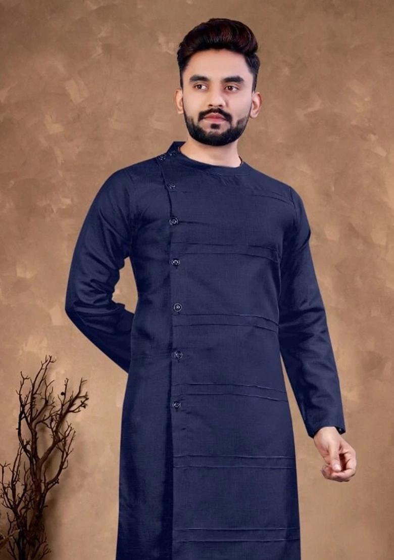 Navy Blue Solid Cotton Kurta Set For Men
