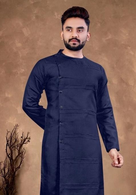 Navy Blue Solid Cotton Kurta Set For Men