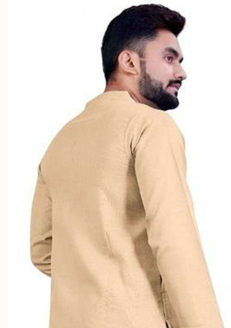 Cream Solid Cotton Kurta Set For Men