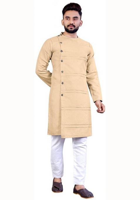 Cream Solid Cotton Kurta Set For Men