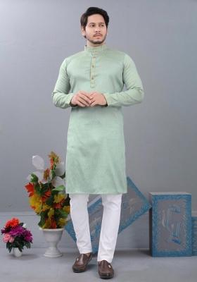 Green Embroidered Cotton Kurta Set For Men