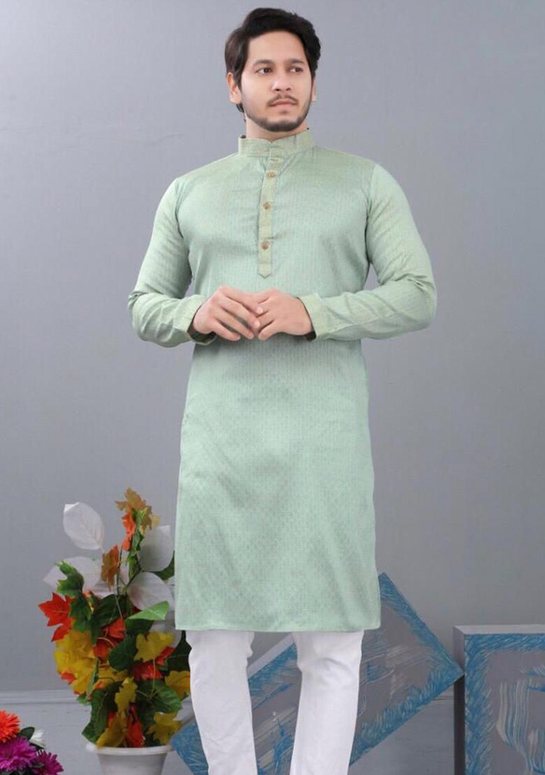 Green Embroidered Cotton Kurta Set For Men
