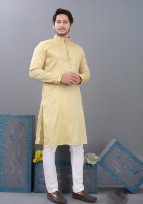 Lemon Yellow Embroidered Cotton Kurta Set For Men