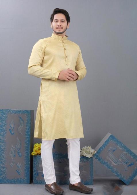 Lemon Yellow Embroidered Cotton Kurta Set For Men