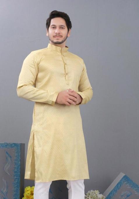 Lemon Yellow Embroidered Cotton Kurta Set For Men