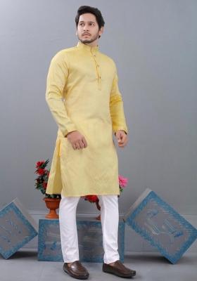 Yellow Embroidered Cotton Kurta Set For Men