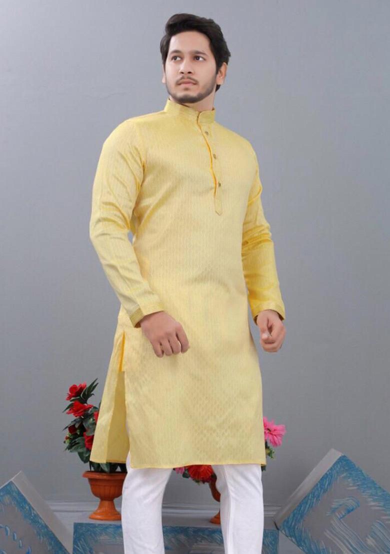 Yellow Embroidered Cotton Kurta Set For Men