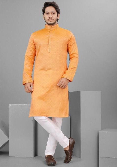 Orange Embroidered Cotton Kurta Set For Men