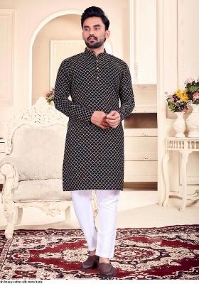Black Thread Work Cotton Kurta Set For Men