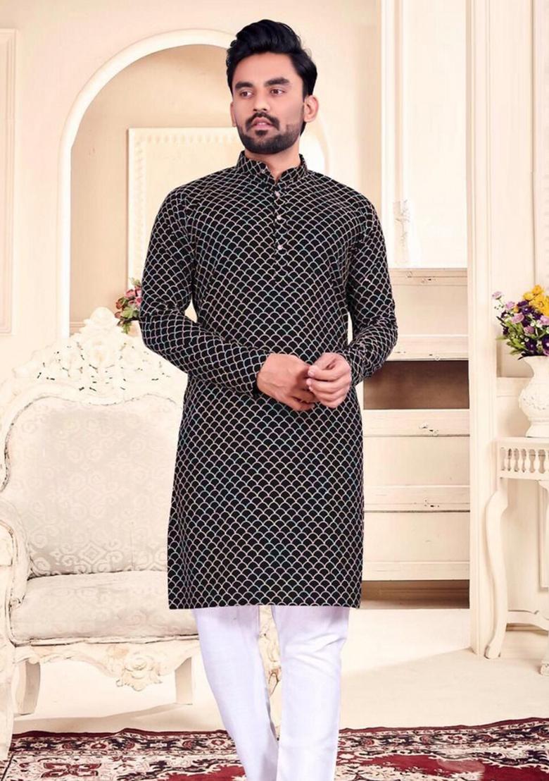 Black Thread Work Cotton Kurta Set For Men
