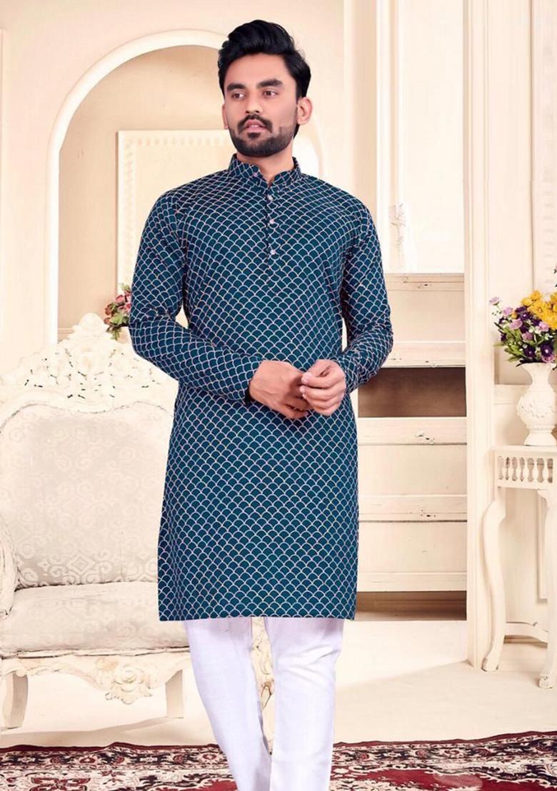 Blue Thread Work Cotton Kurta Set For Men