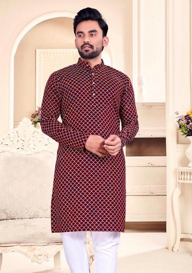 Purple Thread Work Cotton Kurta Set For Men
