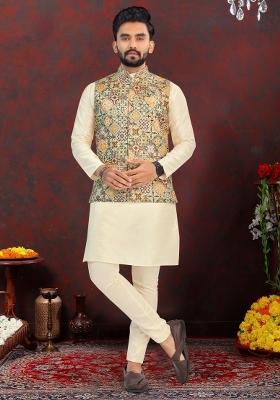 Pista Green Printed Heavy Silk Nehru Jacket Set For Men