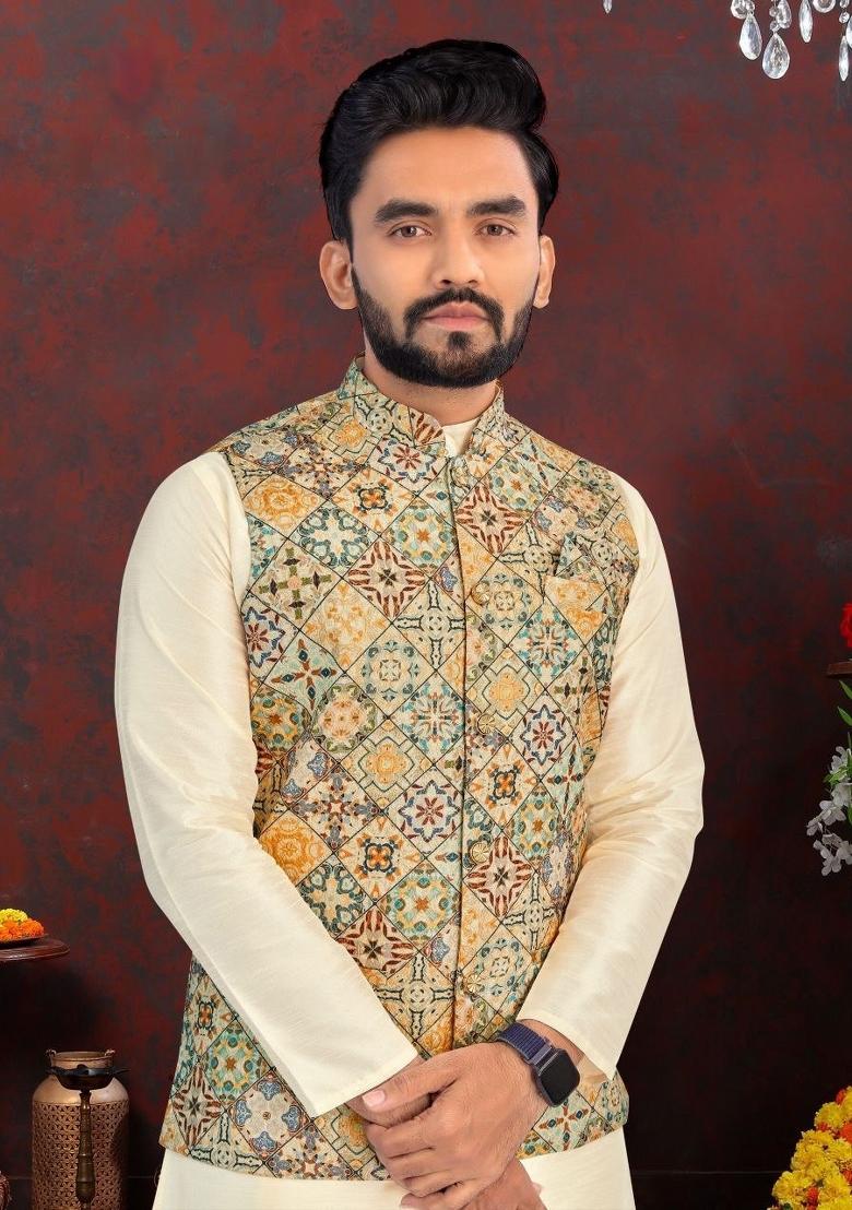 Pista Green Printed Heavy Silk Nehru Jacket Set For Men