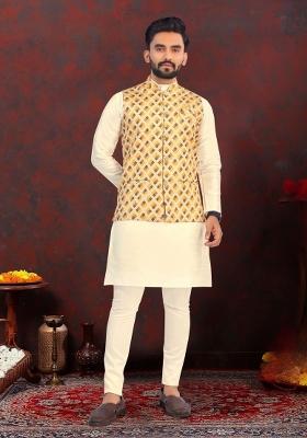 Yellow Printed Heavy Silk Nehru Jacket Set For Men