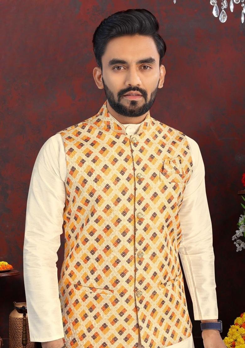 Yellow Printed Heavy Silk Nehru Jacket Set For Men