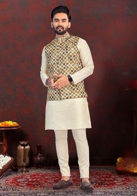 Green Printed Heavy Silk Nehru Jacket Set For Men