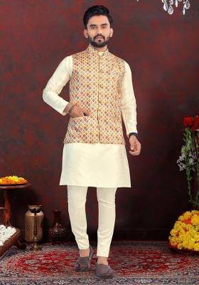 Light Yellow Printed Heavy Silk Nehru Jacket Set For Men