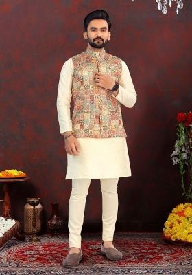 Multicolor Printed Heavy Silk Nehru Jacket Set For Men