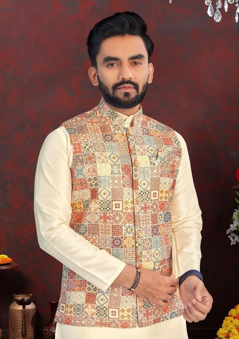 Multicolor Printed Heavy Silk Nehru Jacket Set For Men