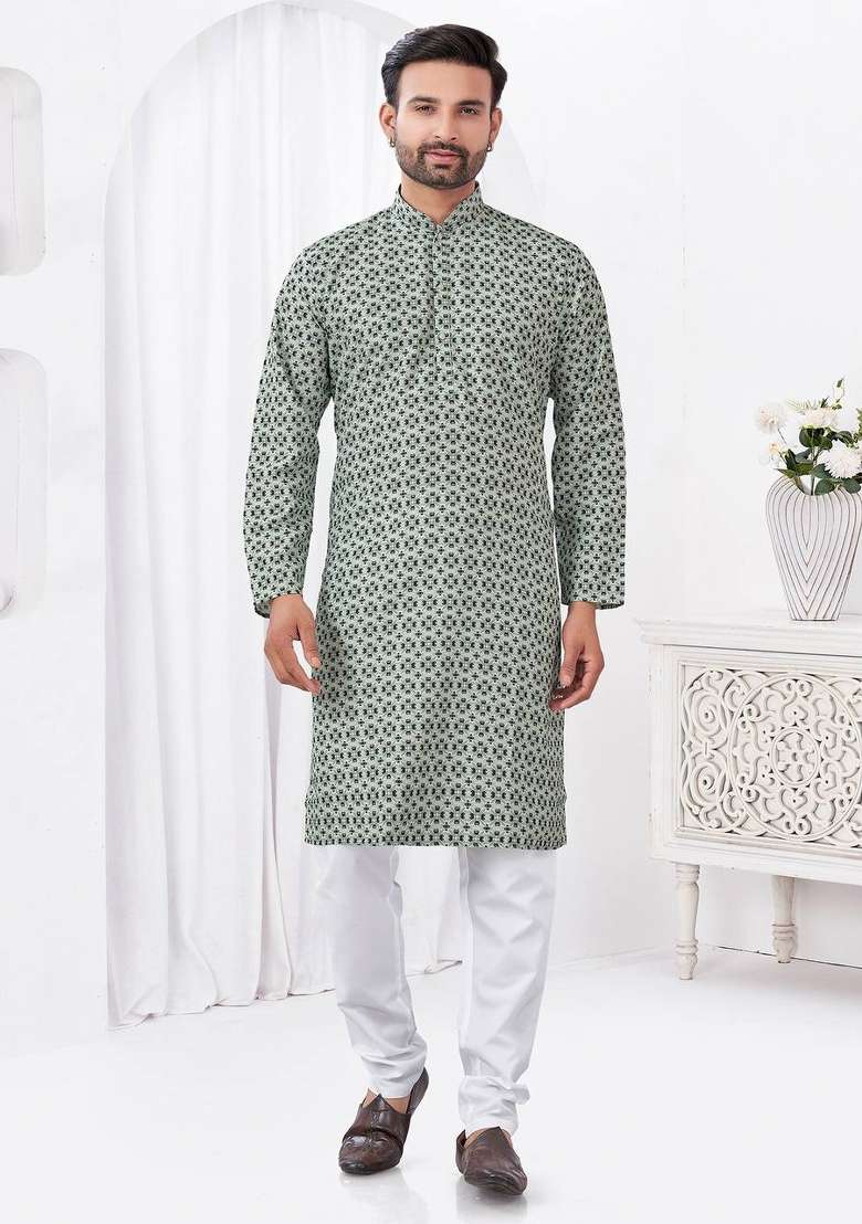 Grey Printed Cotton Kurta Set For Men - Indya