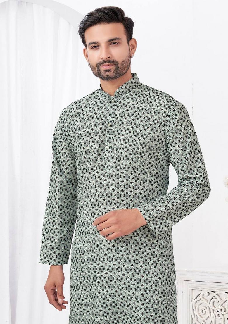 Grey Printed Cotton Kurta Set For Men