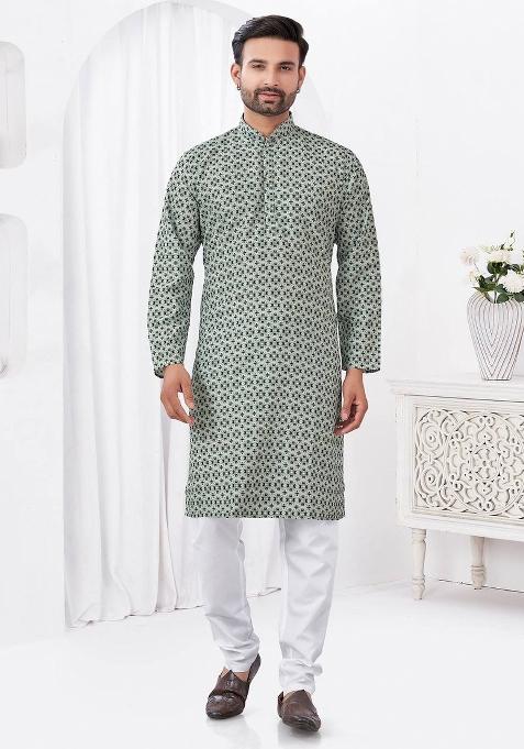 Grey Printed Cotton Kurta Set For Men