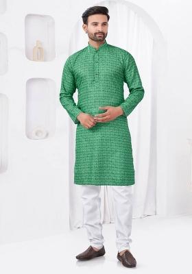 Sea Green Printed Cotton Kurta Set For Men