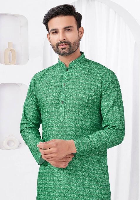 Sea Green Printed Cotton Kurta Set For Men