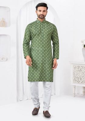 Green Printed Cotton Kurta Set For Men