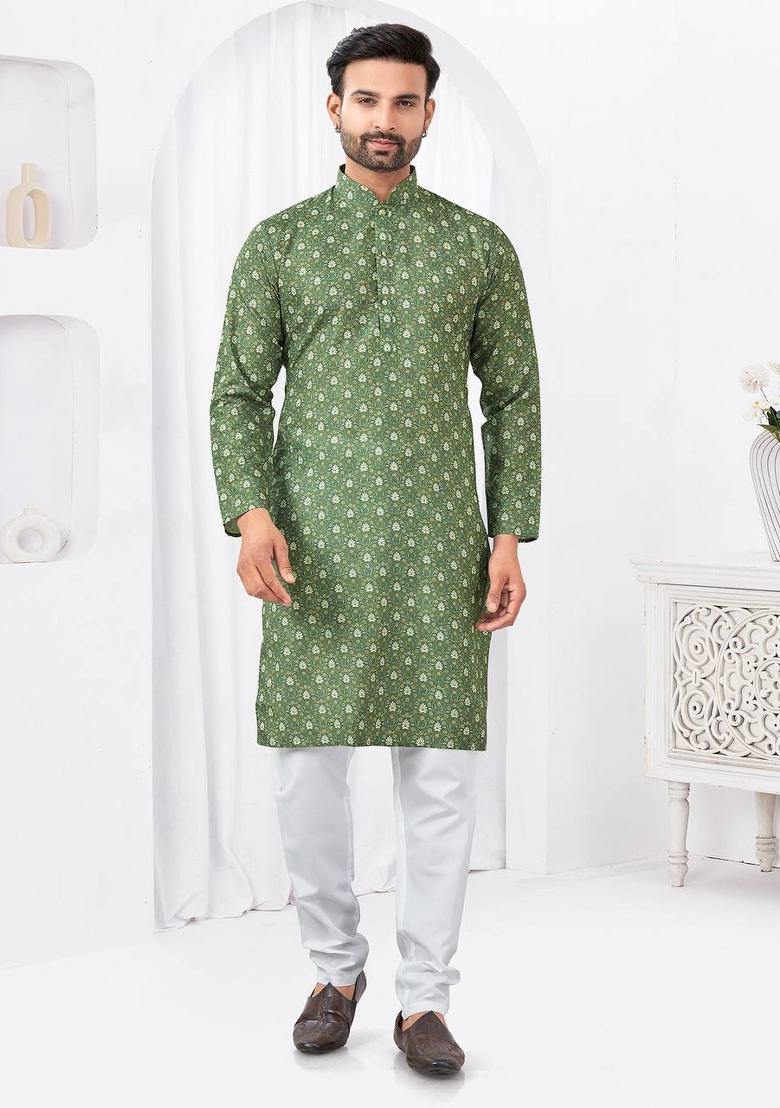 Green Printed Cotton Kurta Set For Men