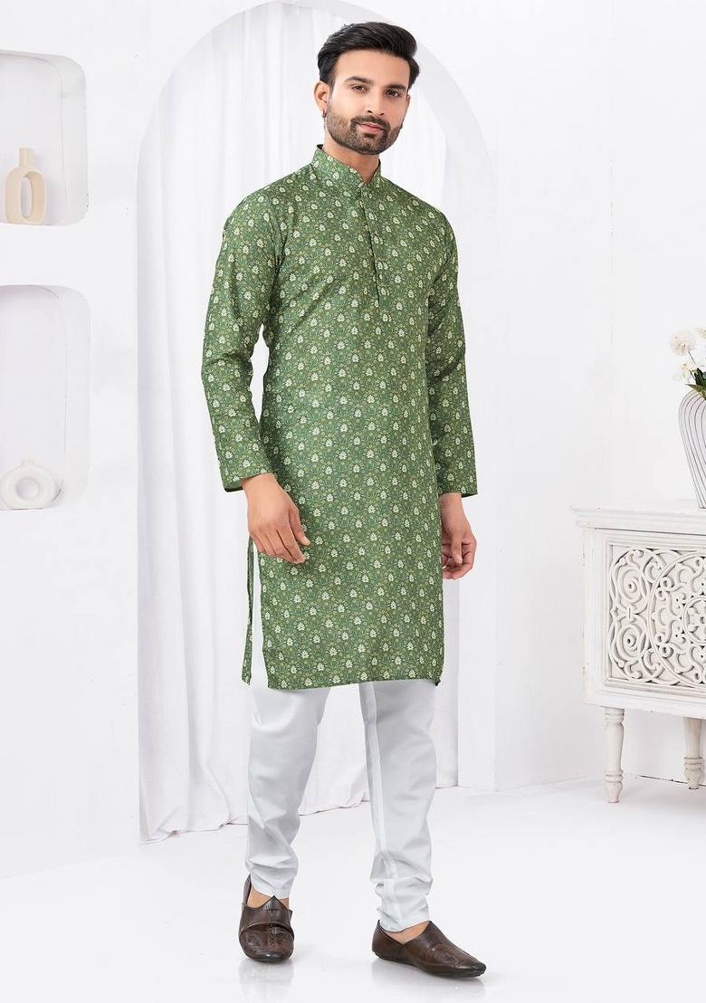 Green Printed Cotton Kurta Set For Men