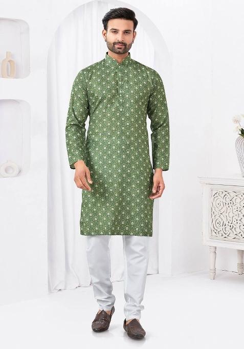 Green Printed Cotton Kurta Set For Men