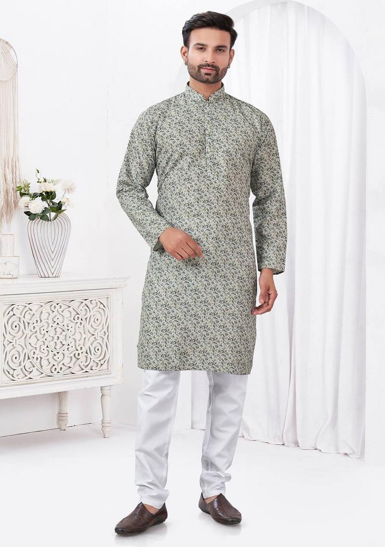 Cream Printed Cotton Kurta Set For Men
