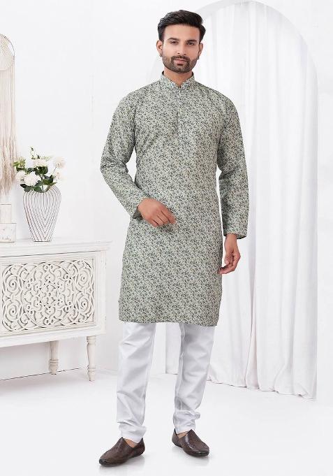 Cream Printed Cotton Kurta Set For Men