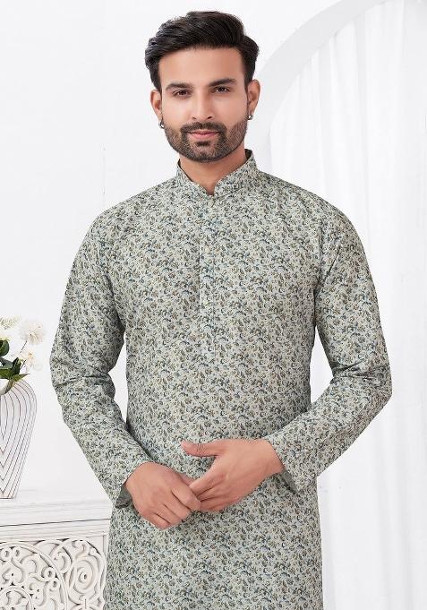 Cream Printed Cotton Kurta Set For Men