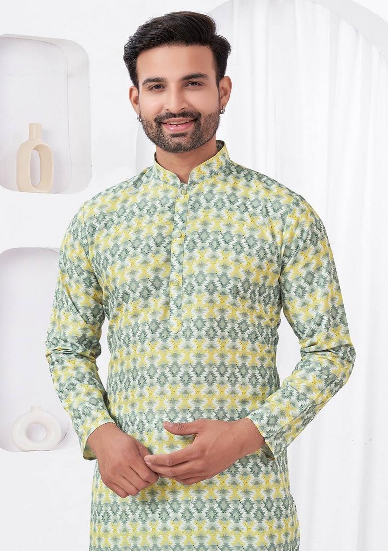 Lemon Yellow Printed Cotton Kurta Set For Men