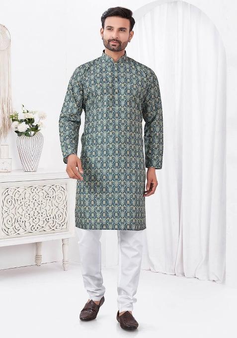 Teal Blue Printed Cotton Kurta Set For Men