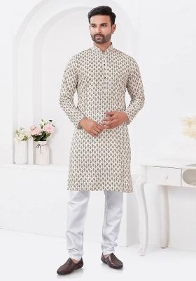 White Printed Cotton Kurta Set For Men