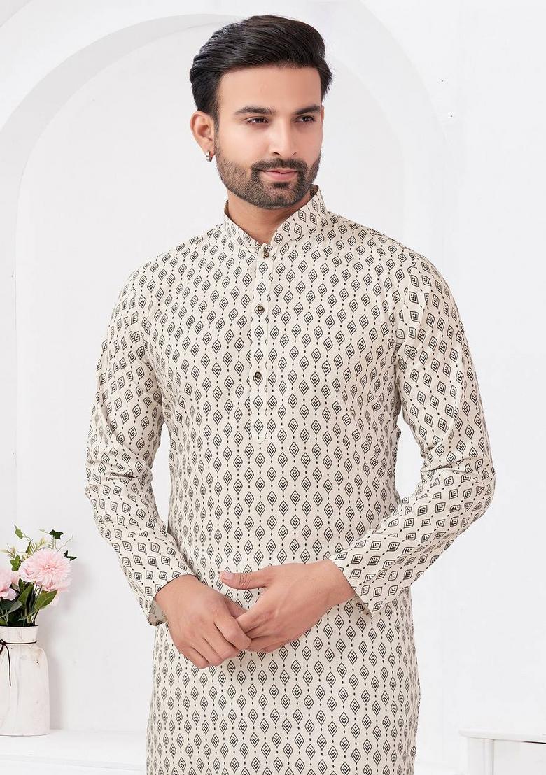 White Printed Cotton Kurta Set For Men