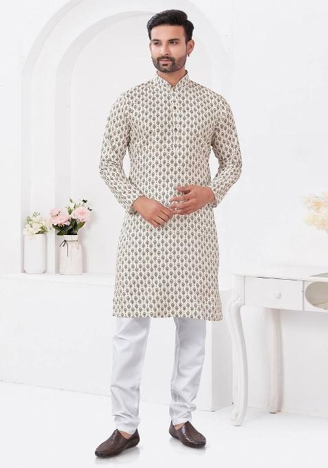 White Printed Cotton Kurta Set For Men