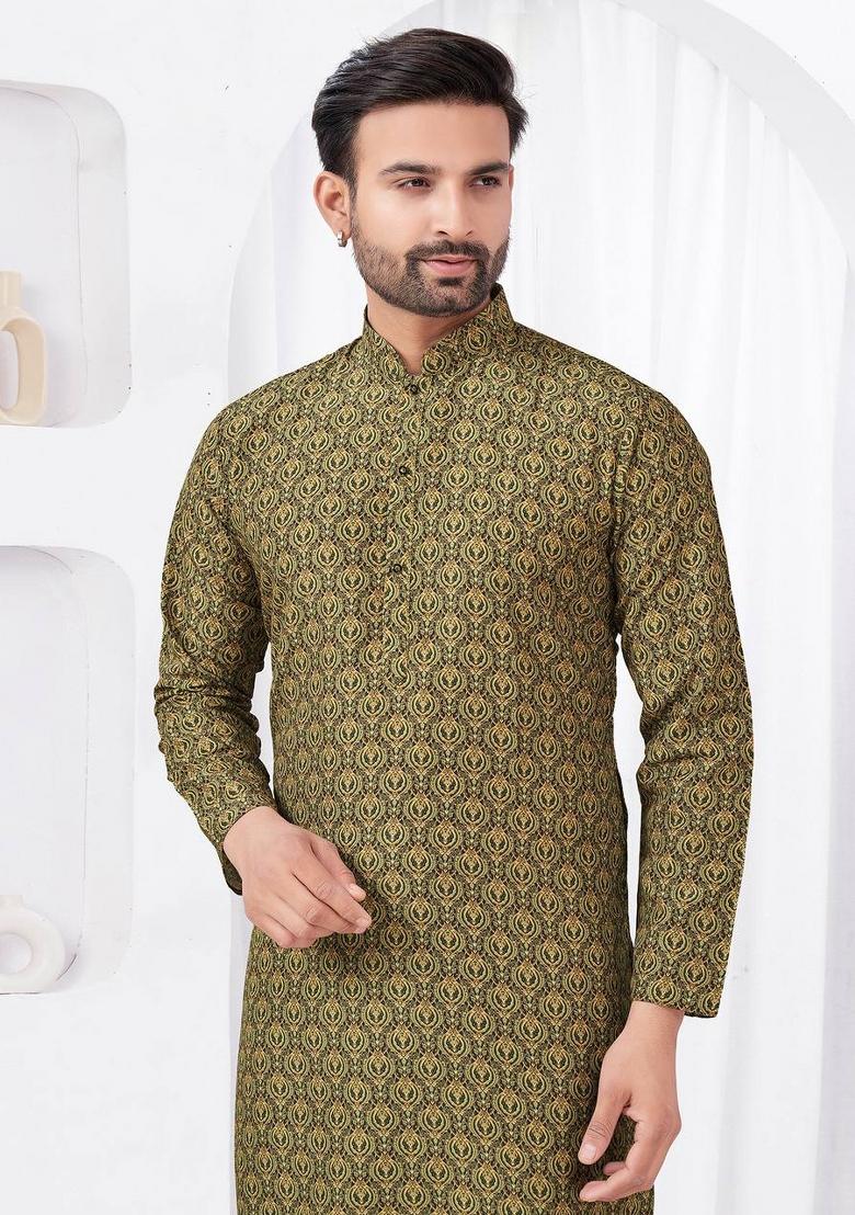 Mehendi Green Printed Cotton Kurta Set For Men