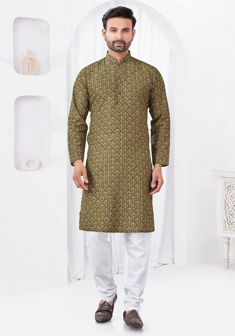Mehendi Green Printed Cotton Kurta Set For Men