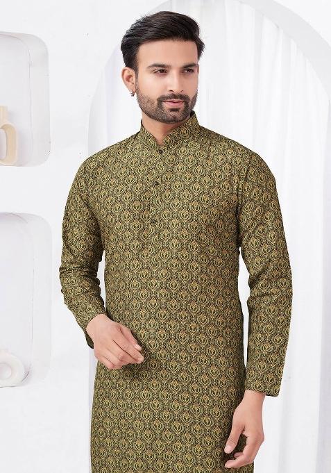Mehendi Green Printed Cotton Kurta Set For Men