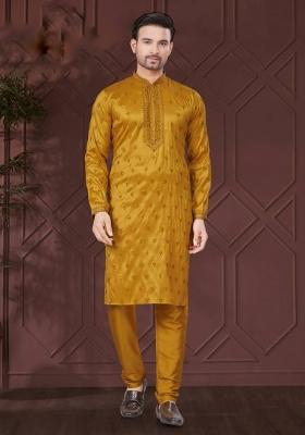 Mustard Yellow Embroidered Pure Silk Kurta Set For Men