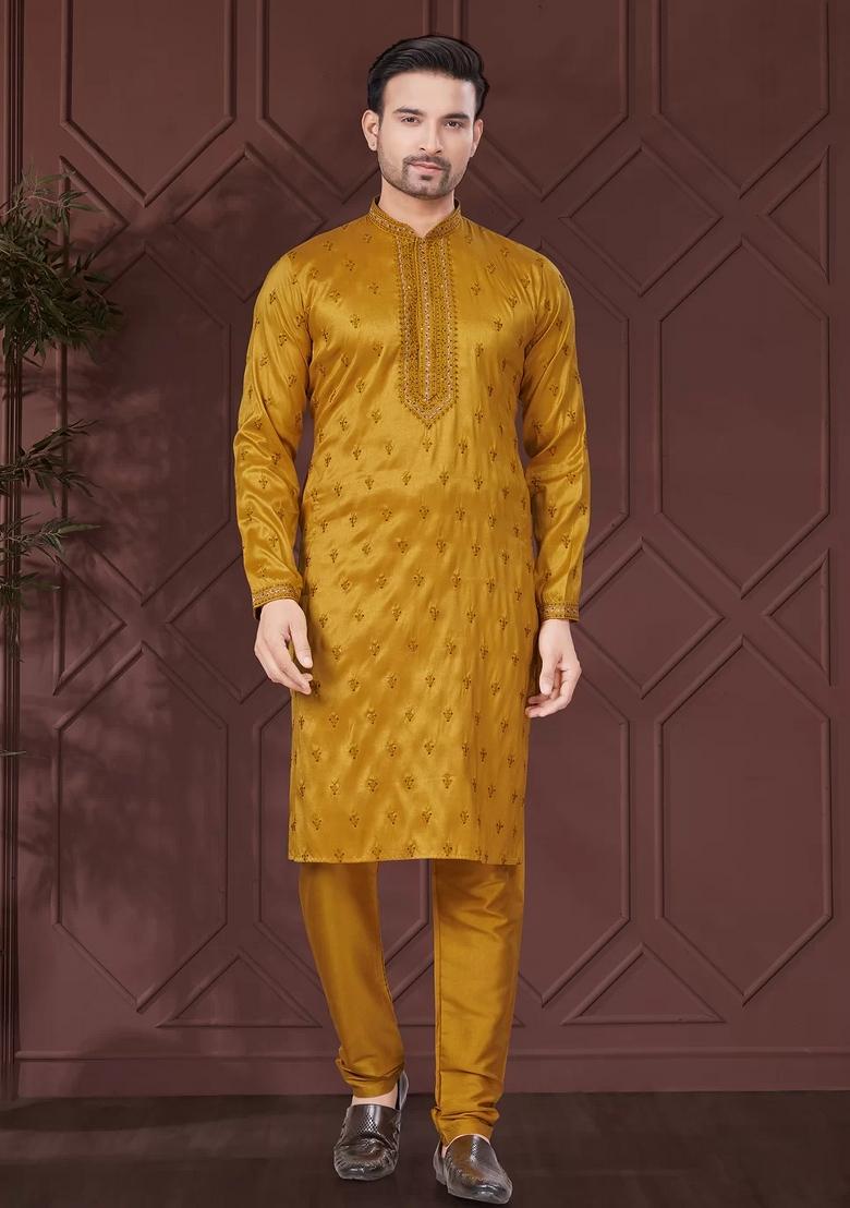 Mustard Yellow Embroidered Pure Silk Kurta Set For Men
