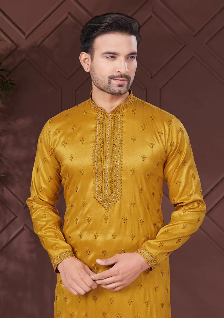 Mustard Yellow Embroidered Pure Silk Kurta Set For Men
