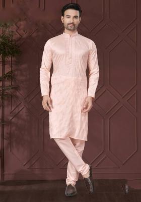 Light Pink Embroidered Pure Silk Kurta Set For Men