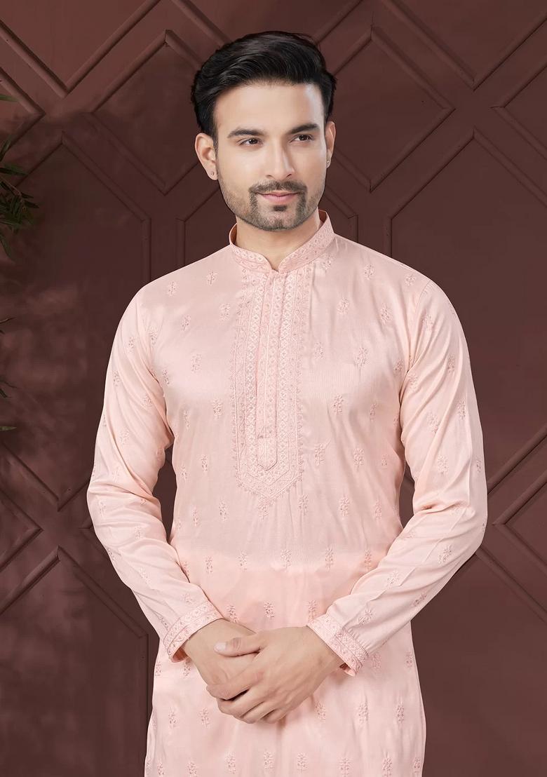 Light Pink Embroidered Pure Silk Kurta Set For Men